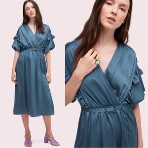 Kate Spade • Belted Satin Midi Dress ruffle trim short sleeve Antique Blue